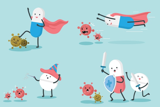 Cut happy pills hero with virus character cartoon art illustration