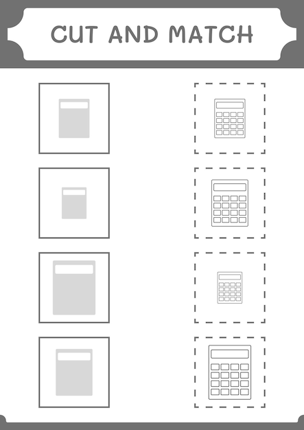 Cut and match parts of Calculator game for children Vector illustration printable worksheet