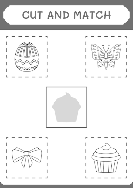 Cut and match parts of Cupcake game for children Vector illustration printable worksheet