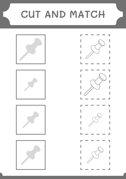 Cut and match parts of Push pin game for children Vector illustration printable worksheet