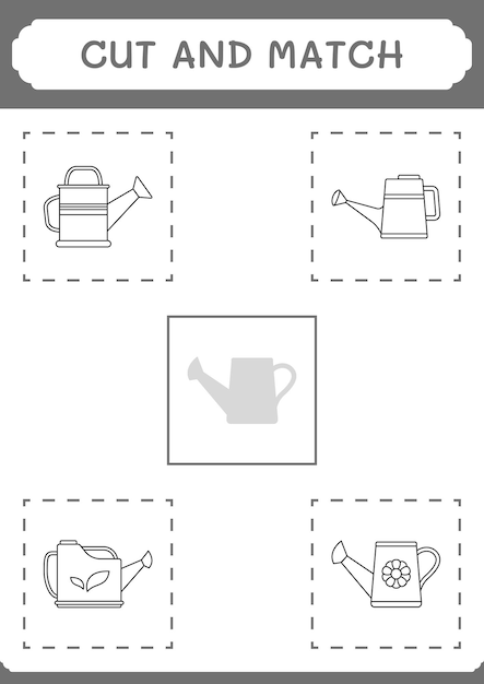 Cut and match parts of Watering can game for children Vector illustration printable worksheet