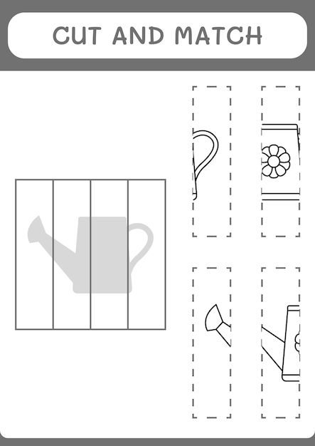 Cut and match parts of Watering can game for children Vector illustration printable worksheet