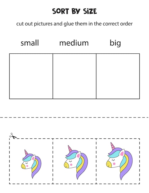 Cut out pictures and sort them by size. Small, medium or big. Educational worksheet.