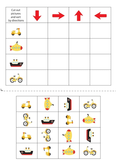 Cut out transportation cards below and sort them out by directions. Educational game for kids.