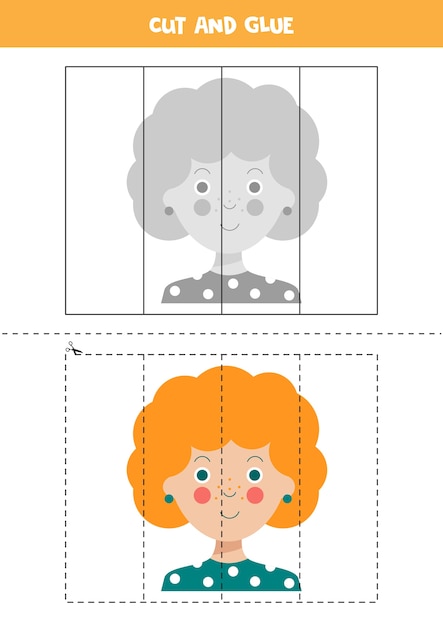 Cut and paste picture with cute happy ginger haired girl. Educational puzzle for preschoolers.