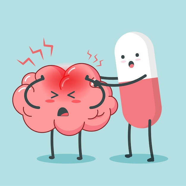 Cut pills and sad brain have a headache character cartoon art illustration