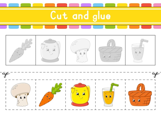 Cut and play Paper game with glue Flash cards Education worksheet Activity page Scissors practice