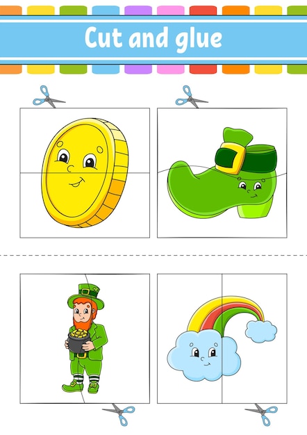 Cut and play Paper game with glue Flash cards Education worksheet Activity page St Patrick's Day Isolated vector illustration cartoon style