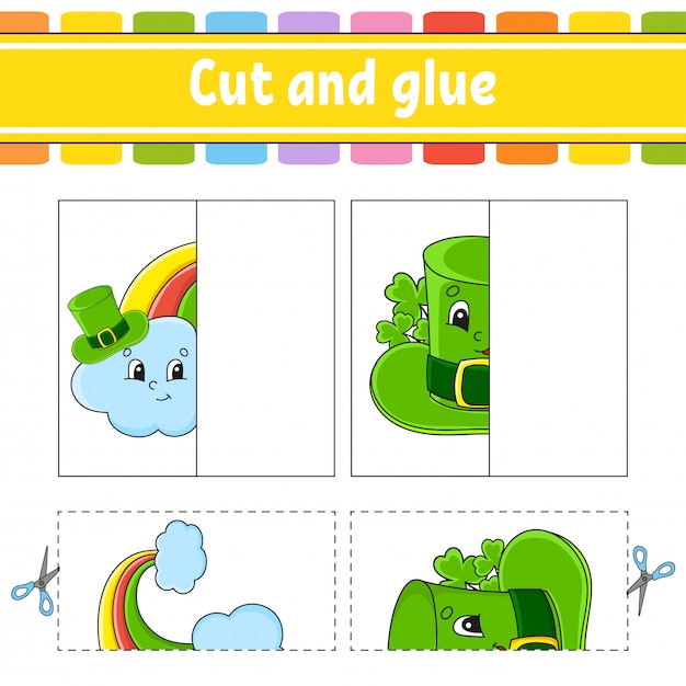 Cut and play. Paper game with glue. Flash cards. rainbow, hat. Education worksheet.