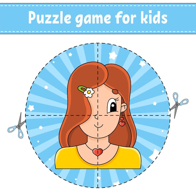 Cut and play Round puzzle Logic puzzle for kids Activity page Cutting practice for preschool cartoon character