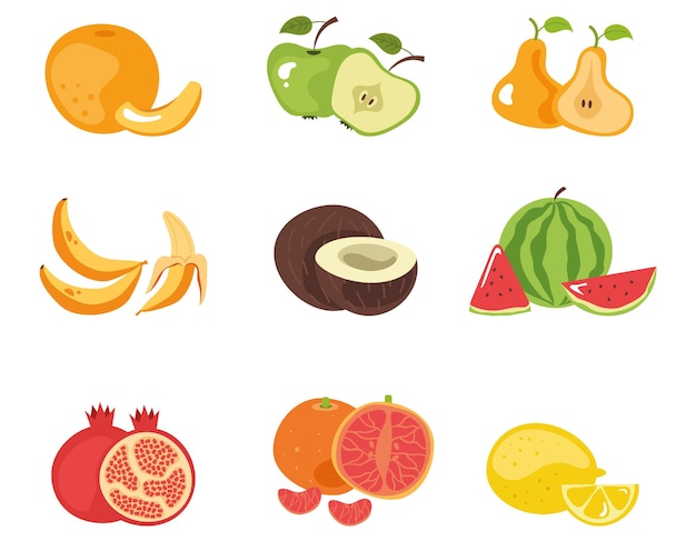 Cut slice whole and half fruits isolated set flat cartoon graphic design illustration