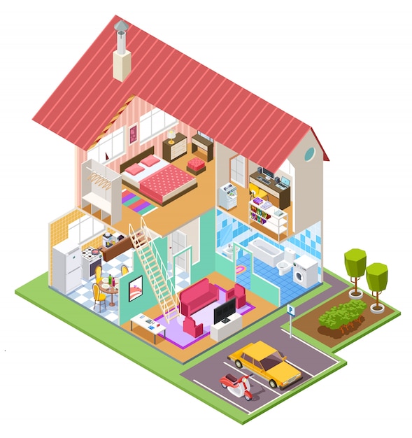 Vector cutaway house . housing construction cross section with kitchen bedroom bathroom interior.   house inside