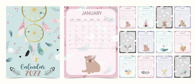 Cute 2022 table calendar week start on Sunday with bear cub that use for vertical digital and printable A4 A5 size