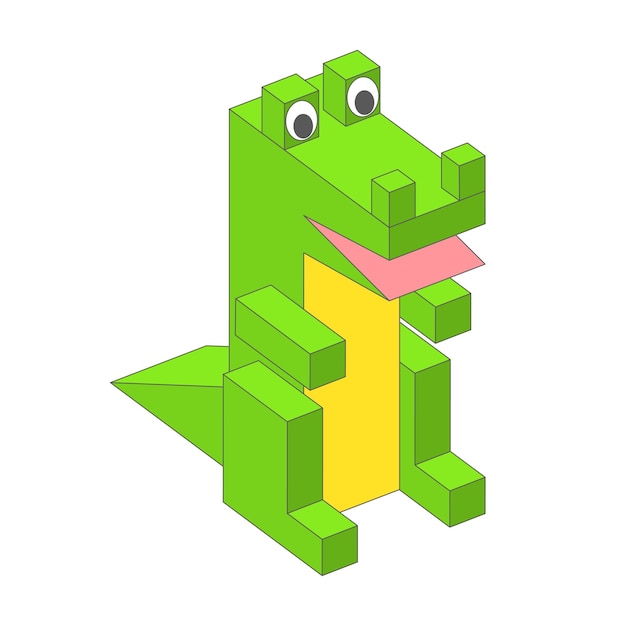 Vector cute 3d alligator character in pixel style on a white background