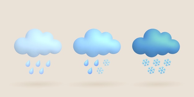 Cute 3d cartoon weather icons set Cloud rain snow rain drop snowflake