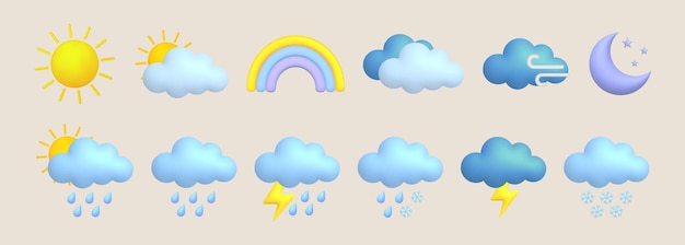 Cute 3d cartoon weather icons set Sun moon rainbow lightning cloud rain snow wind thunderstorm