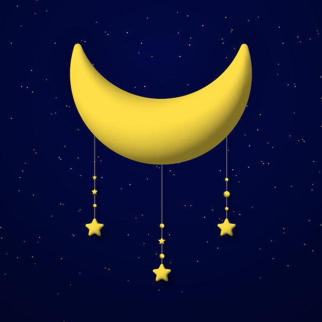 Cute 3d crescent moon and stars on night sky background Square composition