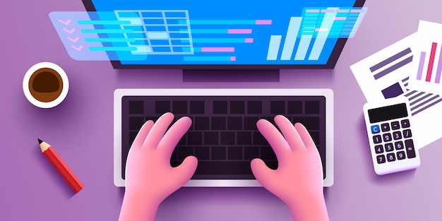 Cute 3d Human hands work on a computer keyboard Financial business analytic and accounting concept View from above