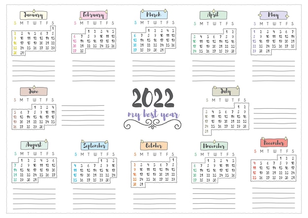 Cute A4 calendar planner for 2022 with editable text