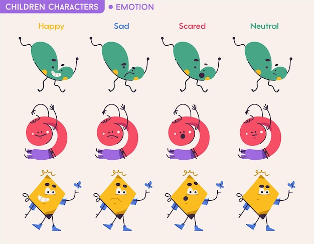 Cute abstract children characters with different emotions