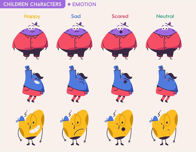 Cute abstract children characters with different emotions