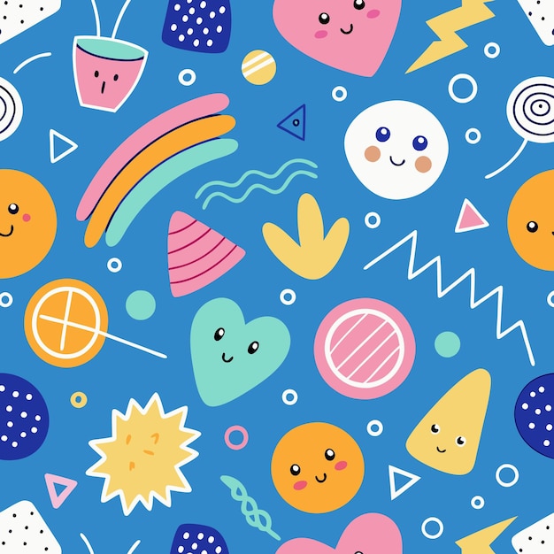 Cute Abstract Shapes with Smiling Faces Seamless Pattern