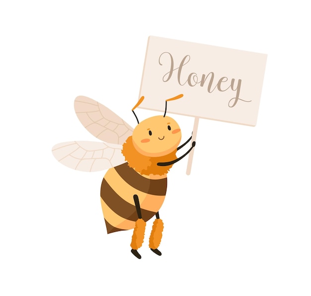 Cute adorable bee flying and holding signboard with honey inscription. Sweet smiling honeybee with happy face. Childish flat cartoon vector illustration of funny insect isolated on white background.