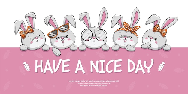 Cute Adorable Bunny, Funny Rabbit Heads Set On Banner Design, Have Nice Day