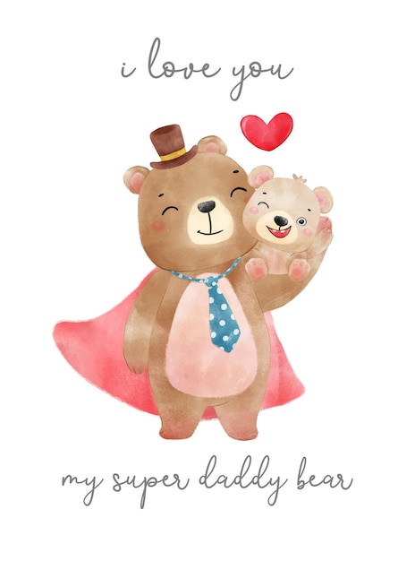 Cute adorable dad teddy bear carrying baby kid bear watercolor hand drawn vector cute father's day illustration