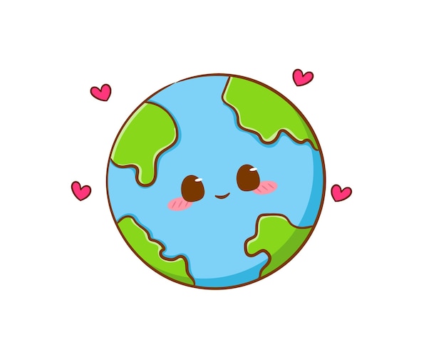 Vector cute adorable earth cartoon character. hand drawn kawaii earth. isolated white background.