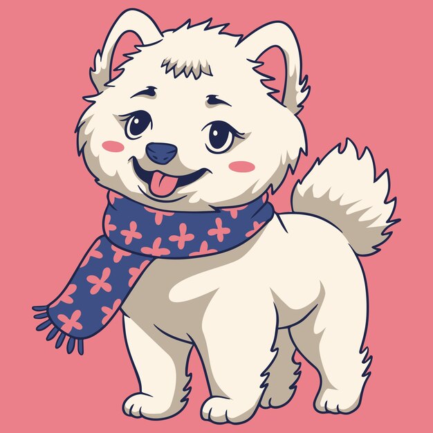 Vector cute and adorable white samoyed dog on scarf illustration