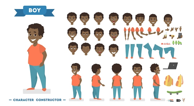 Cute african american boy character in orange t-shirt and blue pants set for animation with various views, hairstyles, face emotions, poses and gestures. Isolated vector illustration in cartoon style