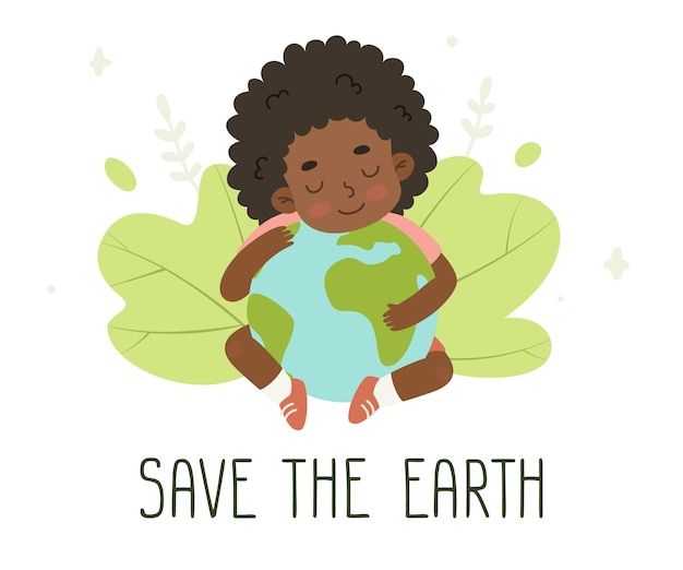 Cute african american girl sitting and hugging the earth planet