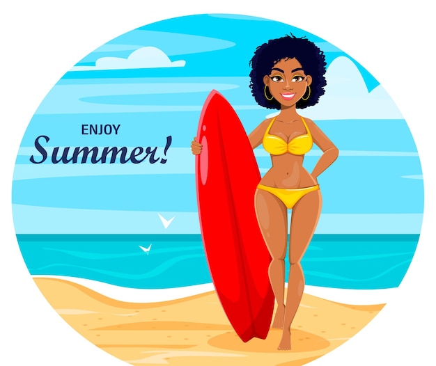 Cute African American surf girl cartoon character standing on the beach