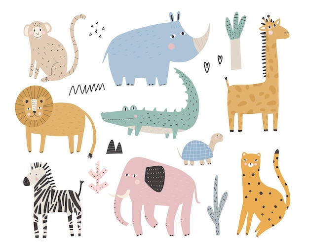 Cute african animals and plants in scandinavian style  Cartoon animals