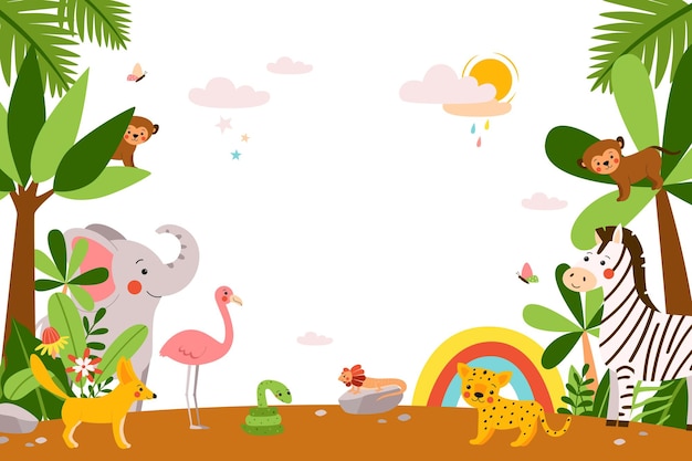 Cute african baby animals standing in the jungle Funny vector template