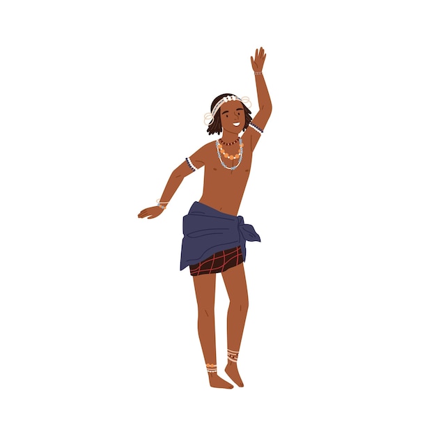 Cute african boy dancing tribal ritual dance isolated on white background. Happy kid wearing national ethnic clothes with traditional jewelry. Member of indigenous tribe. Flat vector illustration.