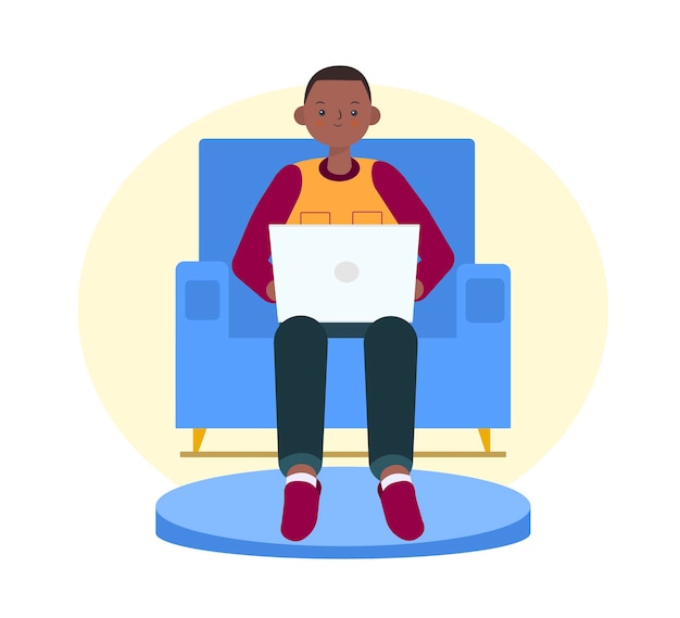 Cute African boy with laptop on the sofa Freelancer or student concept Illustration in flat style