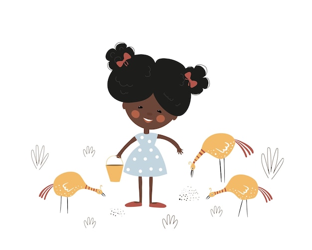 Cute african girl feeds the poultry The child gives grain to the chickens