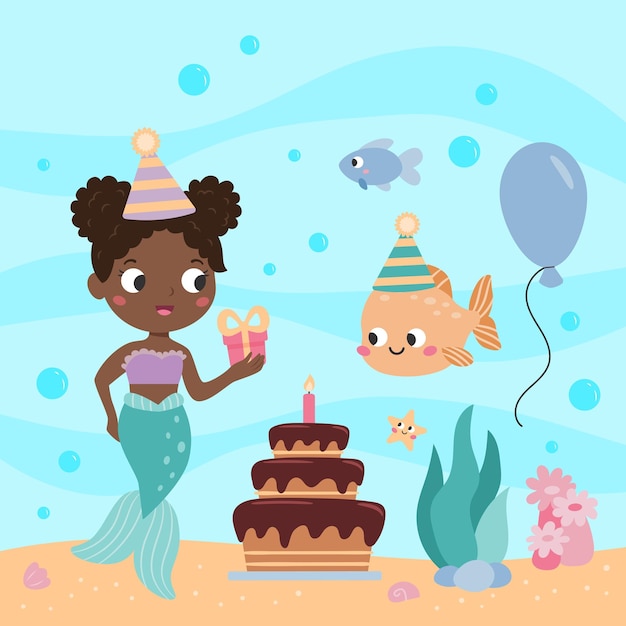 Vector cute african mermaid with birthday cake and friends