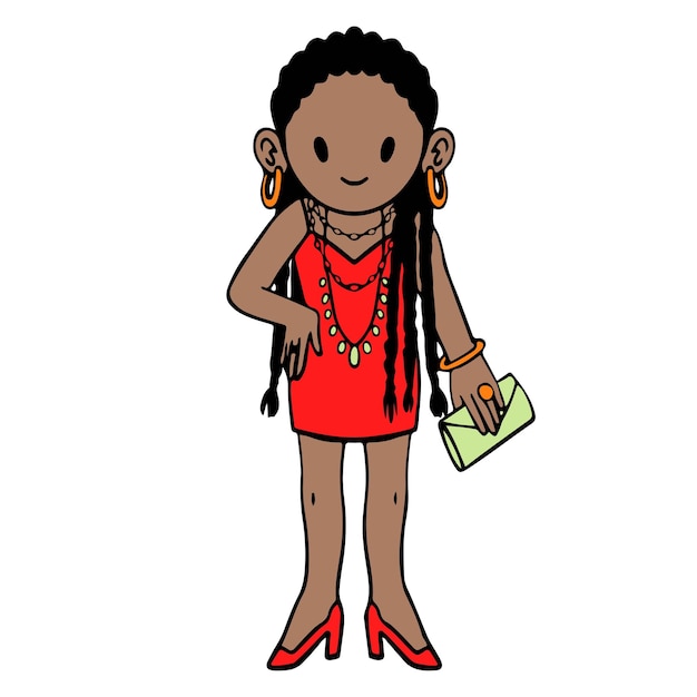 Vector cute afro american girl in red cocktail dress and high heels with a clutch bag