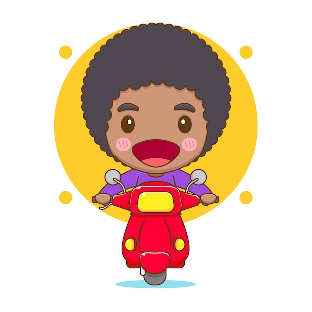 Cute afro boy riding motorcycle Chibi cartoon character