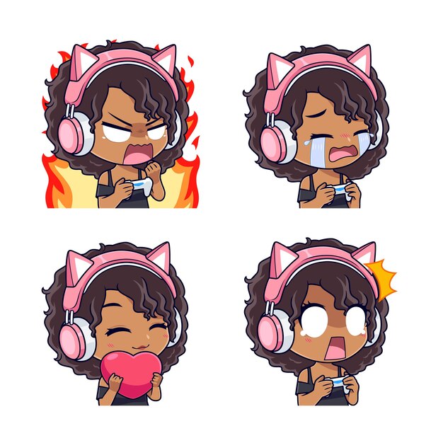 Vector cute afro hair gamer girl icon set suitable for logo sticker badges and streamer