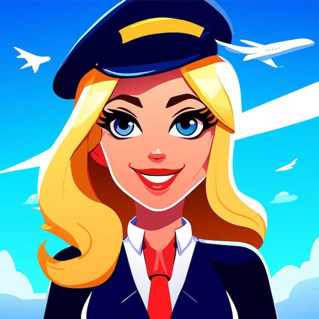 Vector cute air hostess hand drawn flat stylish cartoon sticker icon concept isolated illustration