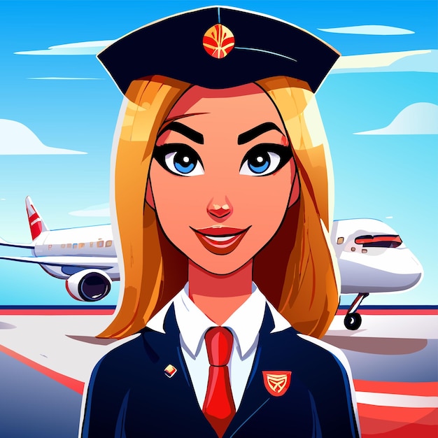 Vector cute air hostess hand drawn flat stylish cartoon sticker icon concept isolated illustration