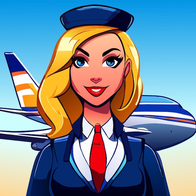 Vector cute air hostess hand drawn flat stylish cartoon sticker icon concept isolated illustration