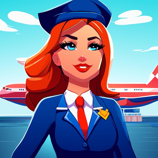 Vector cute air hostess hand drawn flat stylish cartoon sticker icon concept isolated illustration