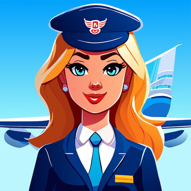 Vector cute air hostess hand drawn flat stylish cartoon sticker icon concept isolated illustration