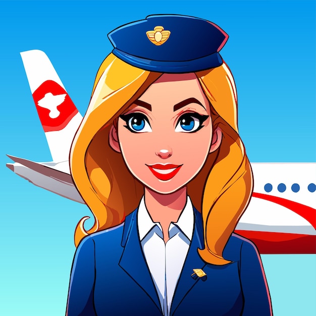 Vector cute air hostess hand drawn flat stylish cartoon sticker icon concept isolated illustration