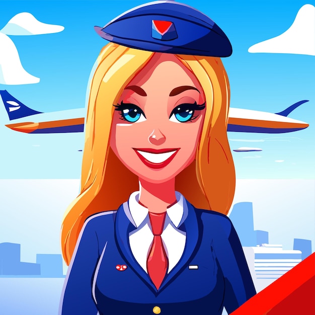 Vector cute air hostess hand drawn flat stylish cartoon sticker icon concept isolated illustration